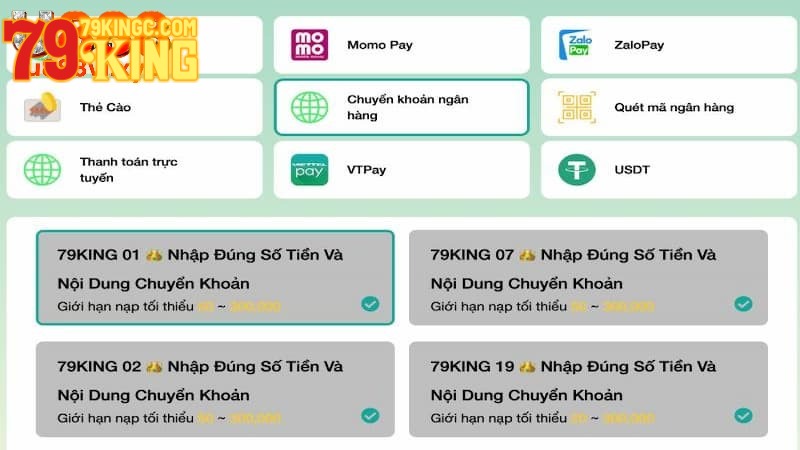 Một vài điều cần chú ý khi nạp tiền 79king
